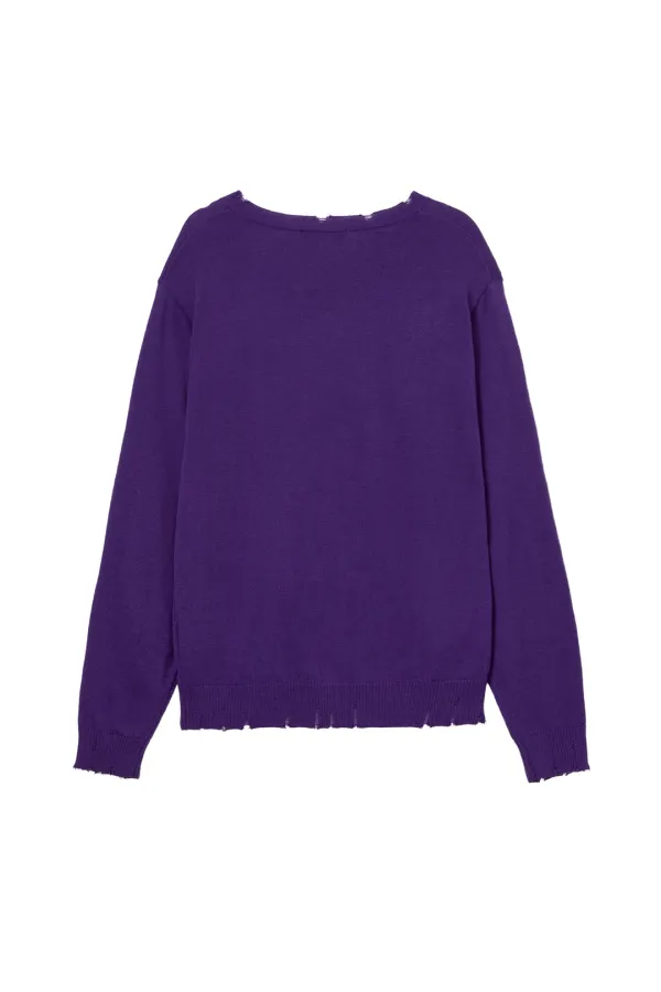 V-NECK DISTRESSED BASIC PULLOVER IN PURPLE