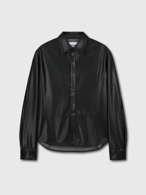 FAUX LEATHER HIDDEN BUTTON SHIRT (ITALIAN FABRIC)_ BLACK