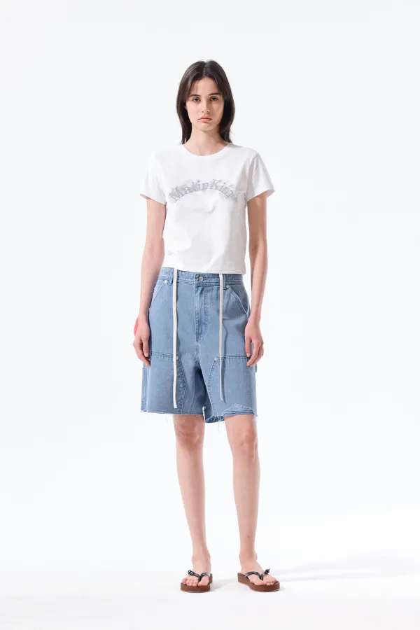 HERINGBONE RAW CUT DENIM SHORTS IN LIGHT BLUE
