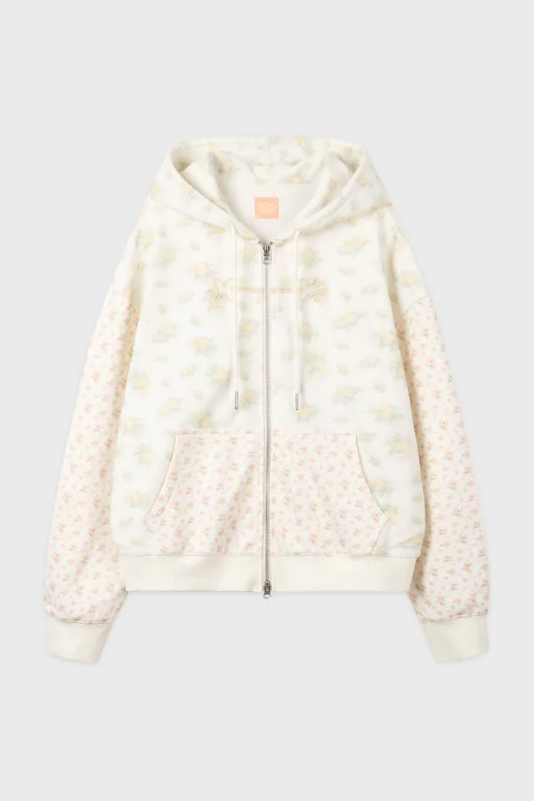 Double Floral Artwork Hood Zip-Up (Yellow)