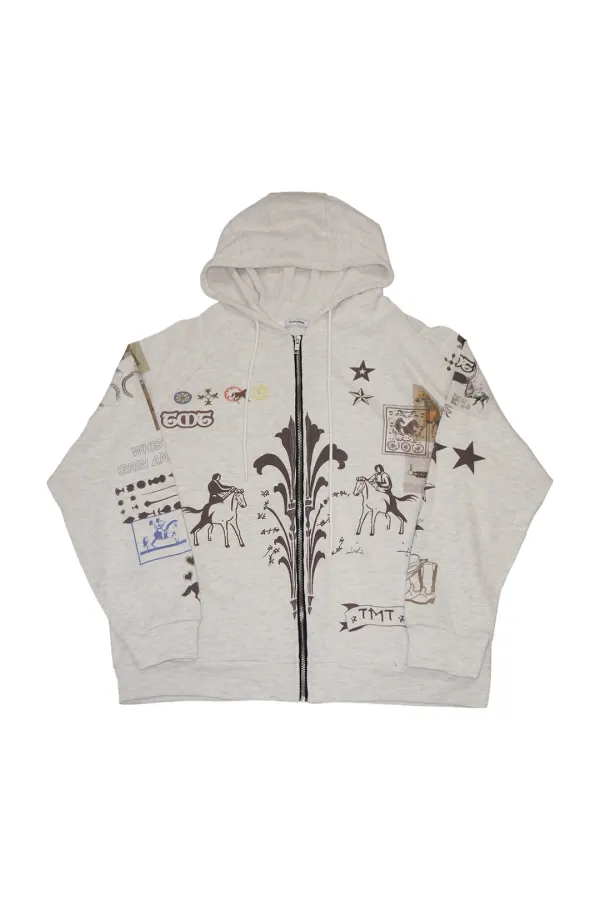 PRINTED WAFFLE ZIP-UP HOODIE (IVORY) - toomuchtax