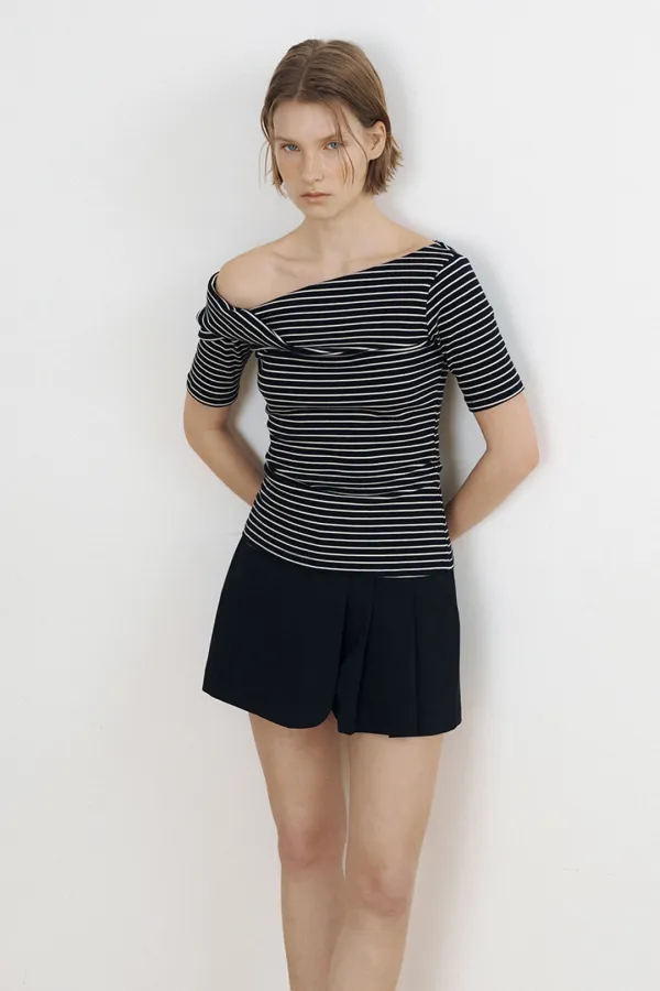 Stripe Twist One-Shoulder Top (black)
