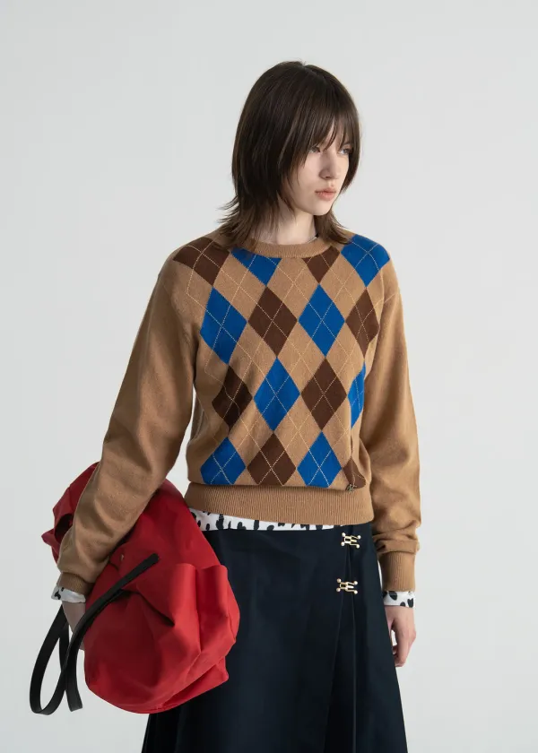 (UNI) WOOL CASHMERE ARGYLE KNIT TOP - BEIGE