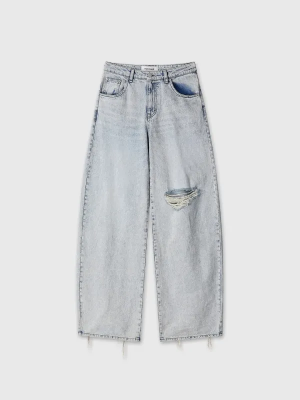 (W) DISTRESSED WIDE-LEG DENIM JEANS_ WASHED LIGHT BLUE