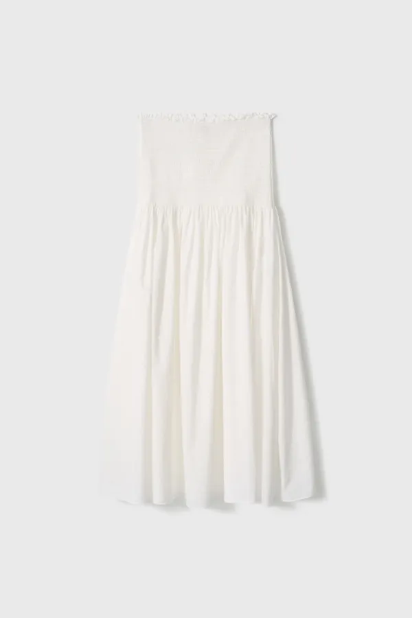 Cotton Draped Shirred Long Skirt (White / Dark Gray)