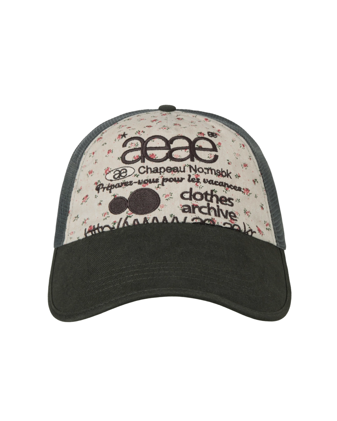 에이이에이이 WEB LOGO FLOWER MESH CAP [BEIGE/DARK GREEN] 상품 이미지 1
