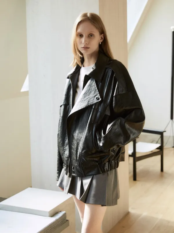 [3rd] MADRID Oversize Leather Rider Jacket_Dark Black