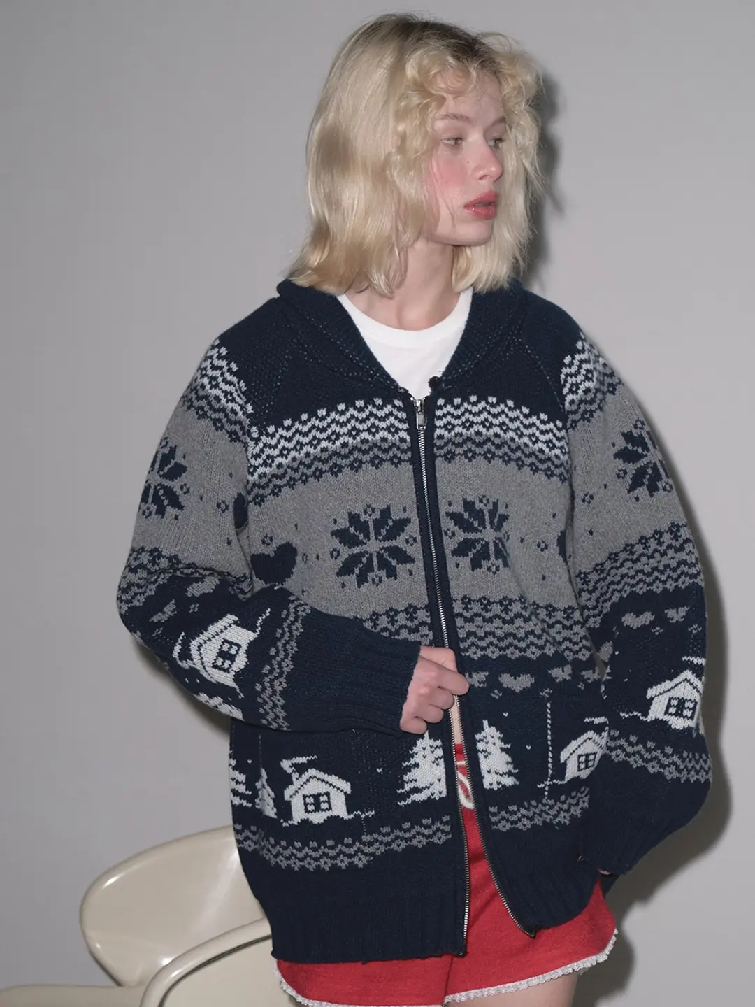 마가린핑거스 LAMBSWOOL COWICHAN KNIT ZIP-UP (NAVY) 상품 이미지 2