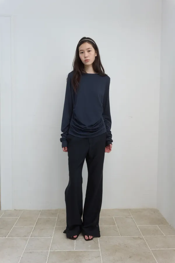 BUTTON SLIT BOOTCUT PANTS_NAVY