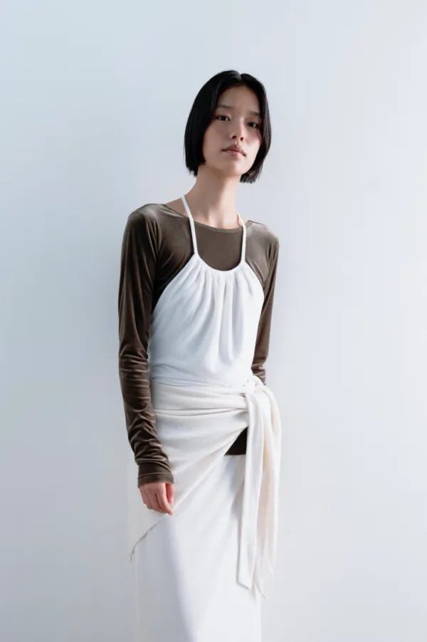 Wool Jersey Gathered Wrap Top (Ivory / Gray / Light Beige / Khaki / Dark Gray)