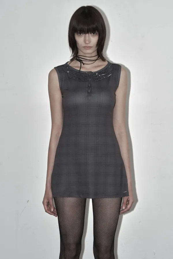 CHECK FRILL SLEEVELESS DRESS CHARCOAL
