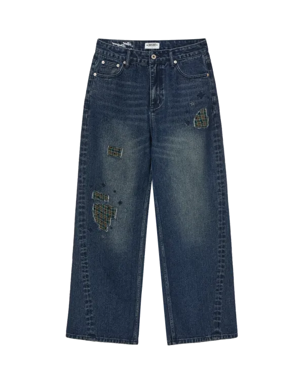 CHECK PATCHWORK DENIM PANTS [ASH BLUE]