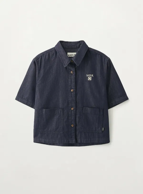(W) Light Weight Denim Pocket Half Shirt - Indigo