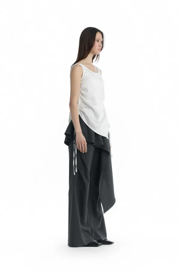 Satin Side-Drawstring Sleeveless Top [ White ]