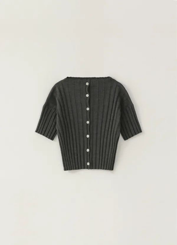 Boat-neck Ribbed Cardigan - Charcoal