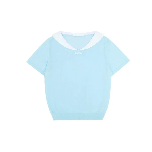 Giant Smiley Sailor Short Sleeve Knit Top (mist blue)