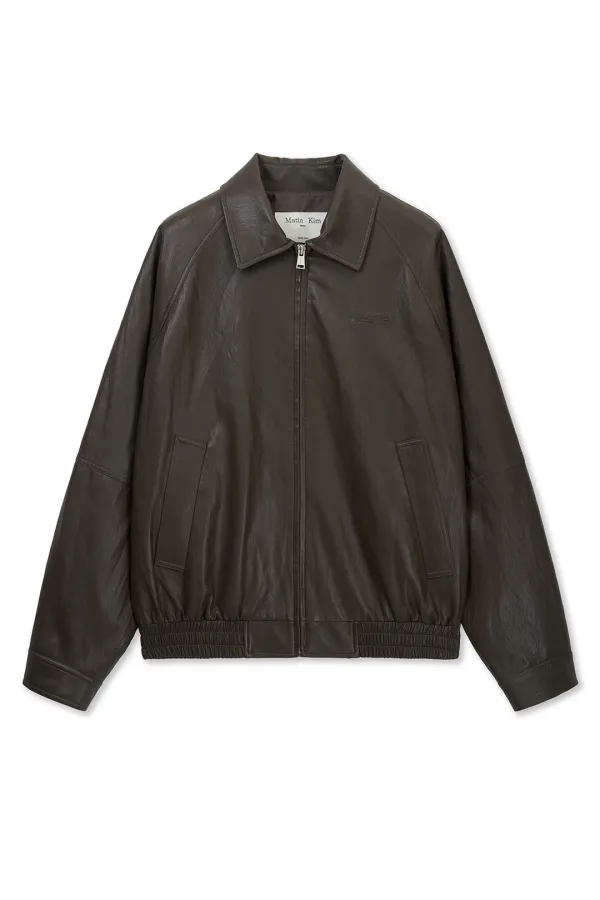 SMALL LOGO FAUX LEATHER ZIP UP JUMPER IN BROWN