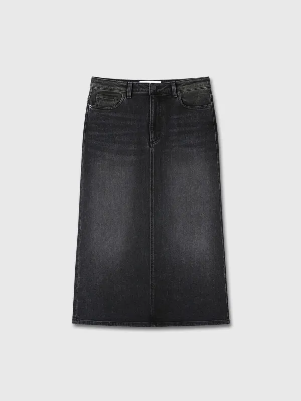 (W) DENIM MIDI SKIRT_ WASHED BLACK