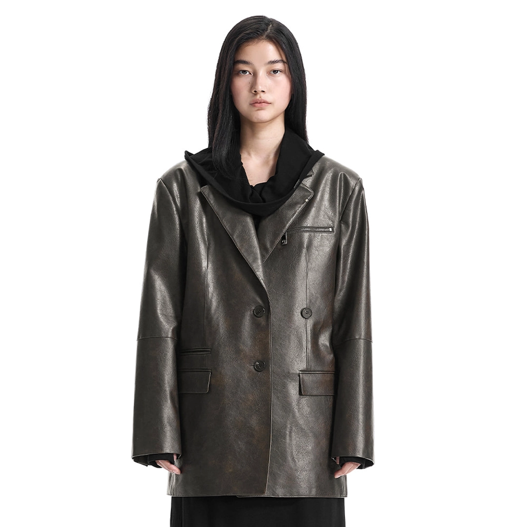 트리밍버드 Metal-Ring Oversized Leather Jacket [ Brown ] 상품 이미지 1