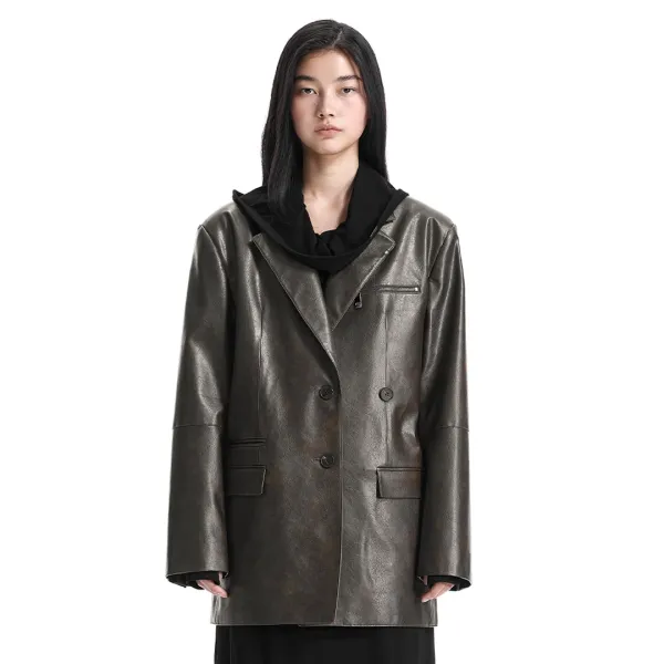 Metal-Ring Oversized Leather Jacket [ Brown ]