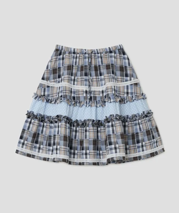 [3차] Lace Trim Ruffled Check Skirt [Blue]