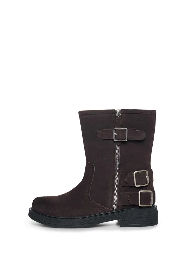 VINTAGE WASHED BIKER ANKLE BOOTS IN DARK BROWN
