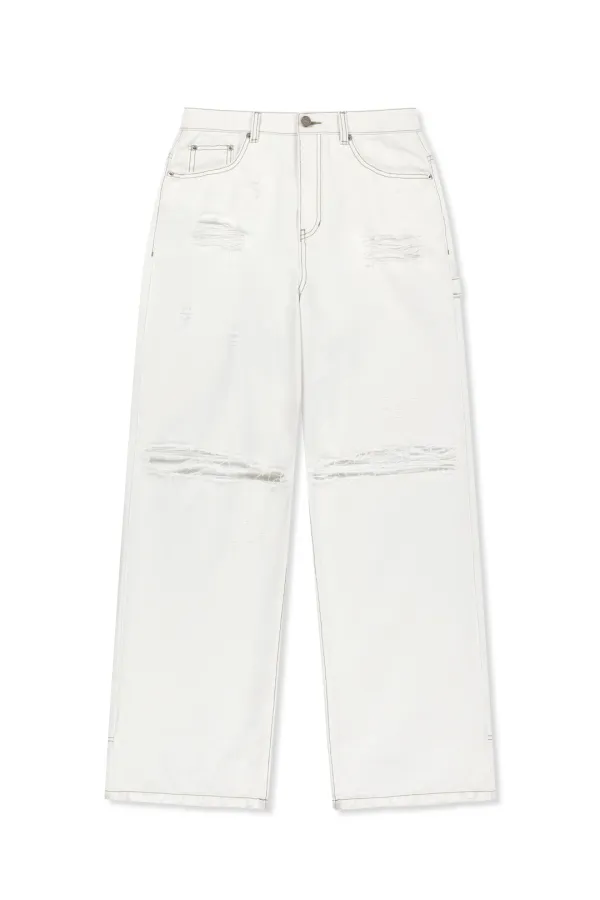 DESTROYED COLOR DYEING DENIM PANTS IN WHITE