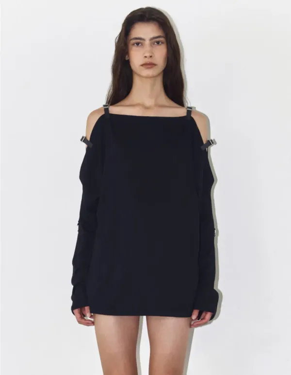 BUCKLE OFF-SHOULDER JERSEY TOP, BLACK