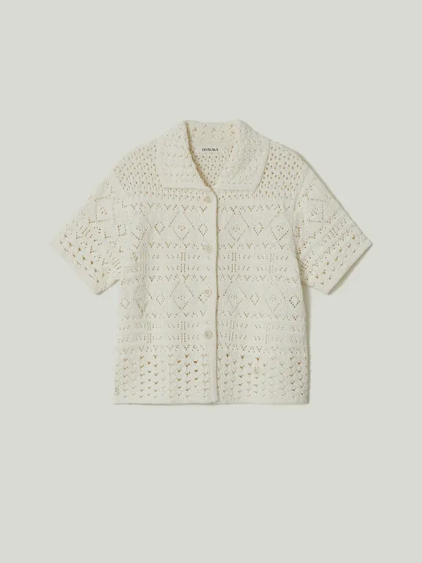 Loose-fit Cotton Crochet Cardigan Ivory