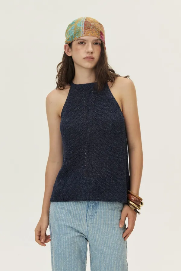 Loosely Knitted Halter Knit Top, Navy
