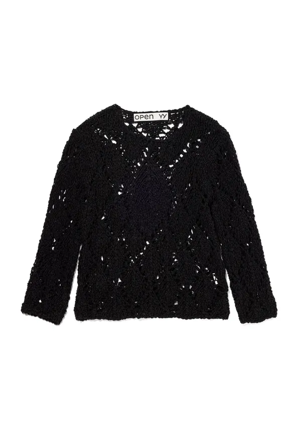 COTTON ARGYLE POINTELLE PULLOVER, BLACK