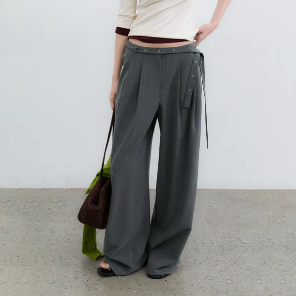 (PT-5816)EYELET BELTED STRIPE TWO TUCK PANTS S