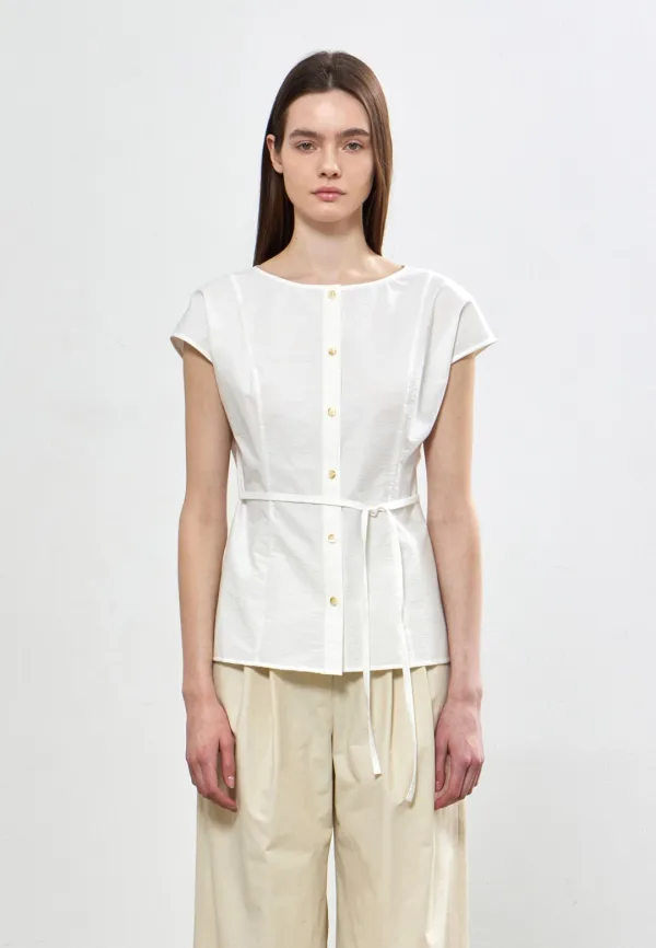 BOAT NECK CAP-SLEEVE BLOUSE - IVORY