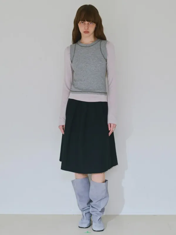 Cut-off Pleated Skirt [Black]