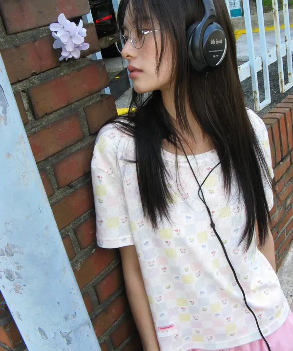 CUBE PATTERN EYELET HALF SLEEVE T SHIRT WHITE