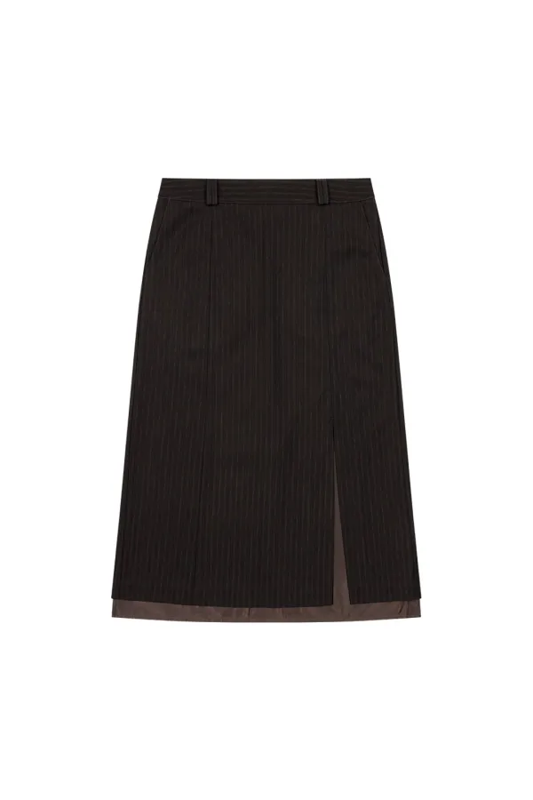 LAYERED SLIT LONG SKIRT, BROWN