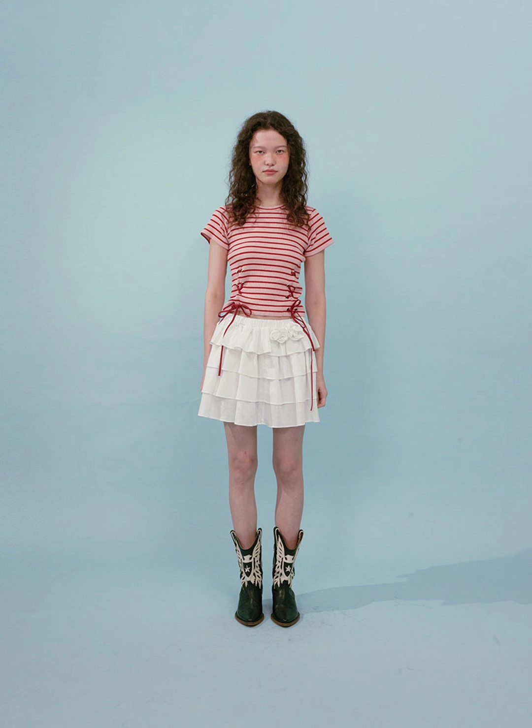 루루서울 Stripe Ribbon Eyelet Top (Pink) 상품 이미지 2