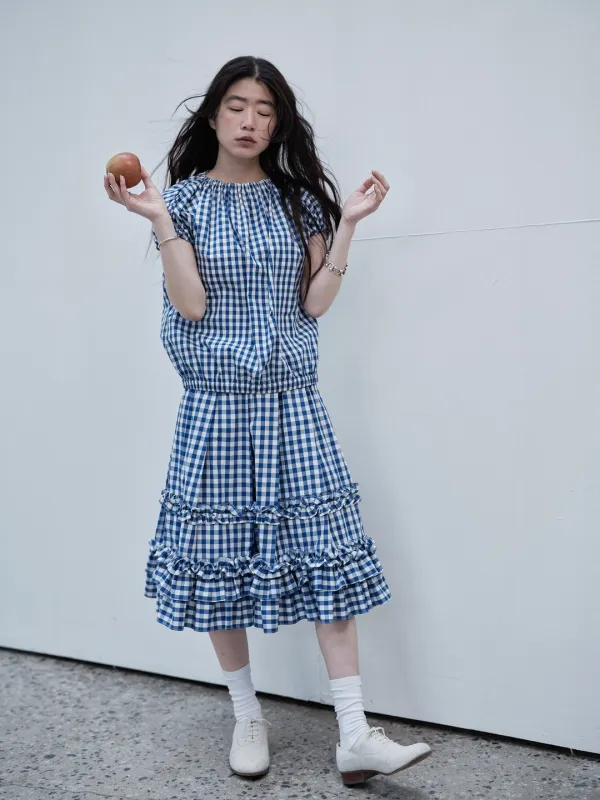 RUFFLE PLEATED MIDI CHECK SKIRT - BLUE CHECK