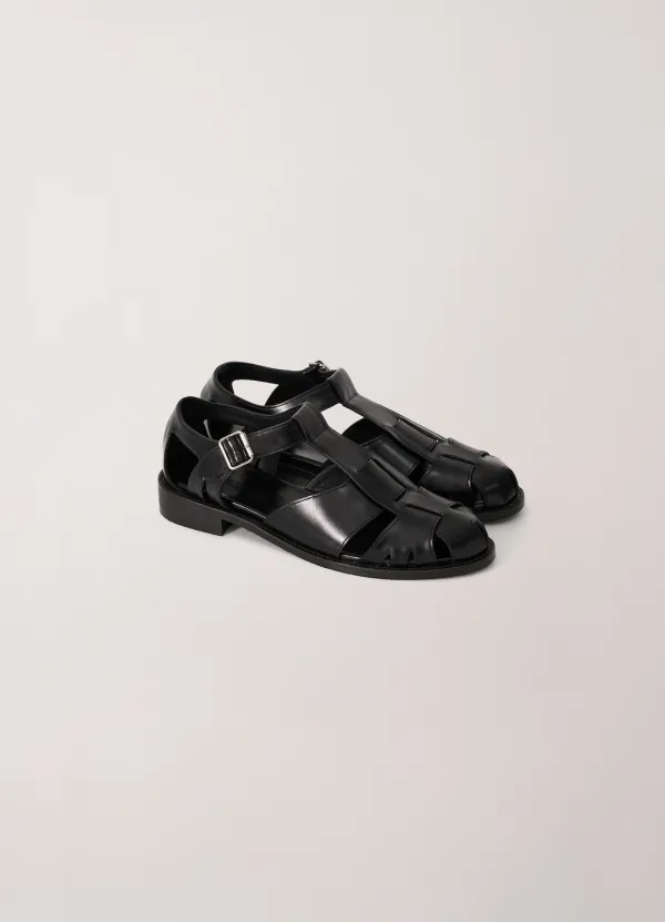 Italy Leather Fisherman Sandals (Black)