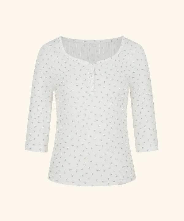 Letters Button HeartNeck 3/4 Sleeve T-Shirt ( Flower )