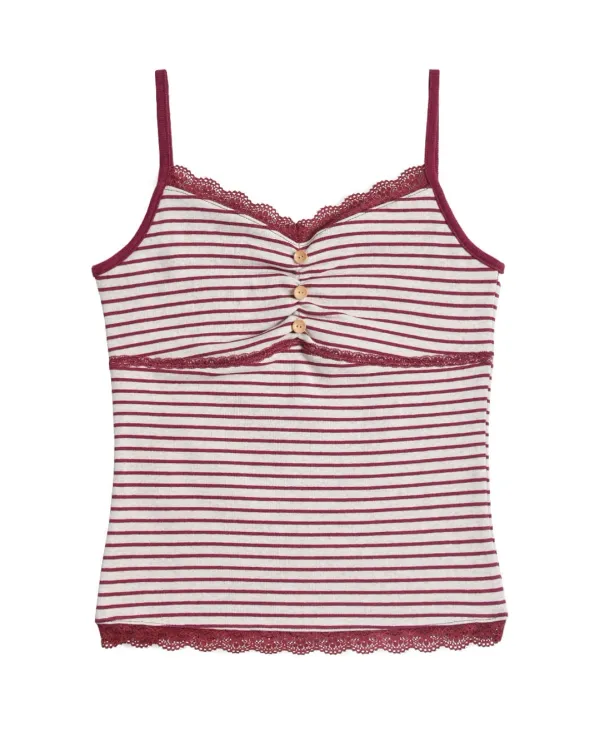 Button Stripe Lace Tank Top (Berry)