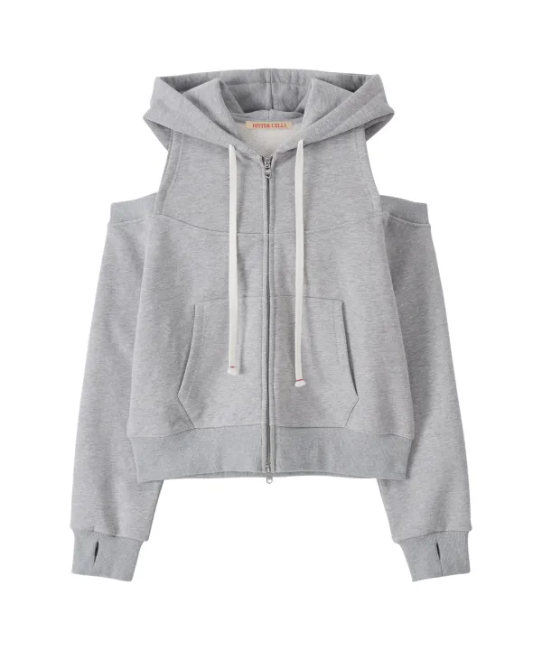 Split Cut Out Hood Zip Up-Grey
