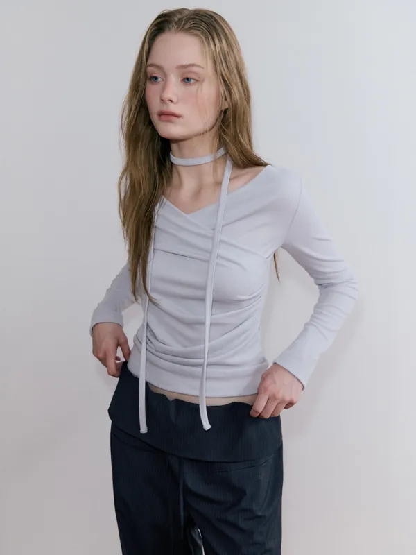 Wrap Pintuck Scarf T-Shirt, Greyish Blue