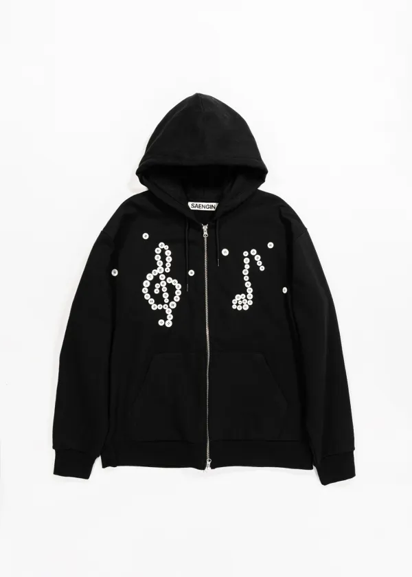 MOTHER-OF-PEARL BUTTON MELODY HOODED ZIP-UP - BLACK (3차 재입고)