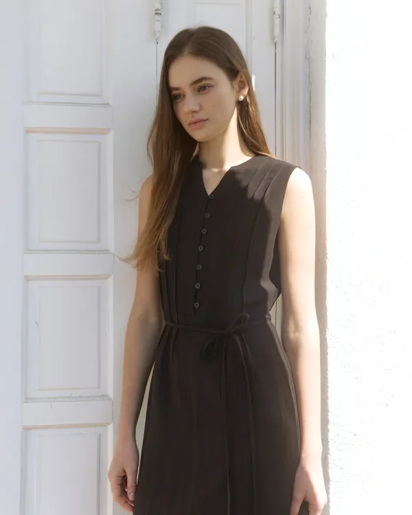 V cut sleeveless long dress - black