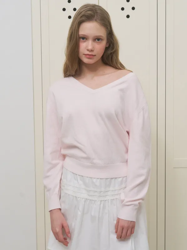 A WASHABLE V-NECK KNIT TOP_LIGHT PINK