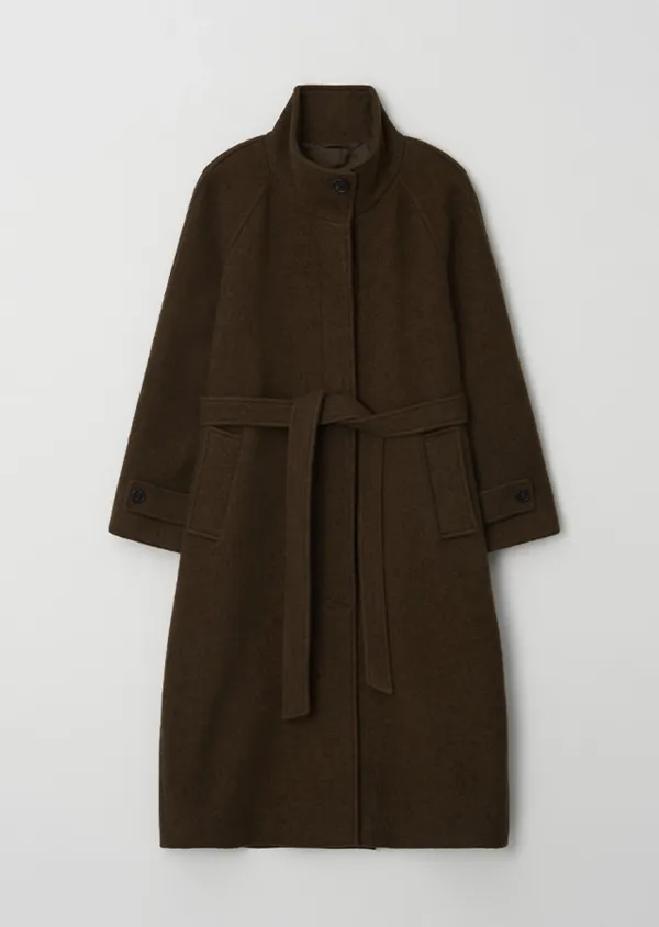 [10%] alpaca high-neck belted long coat-khaki brown