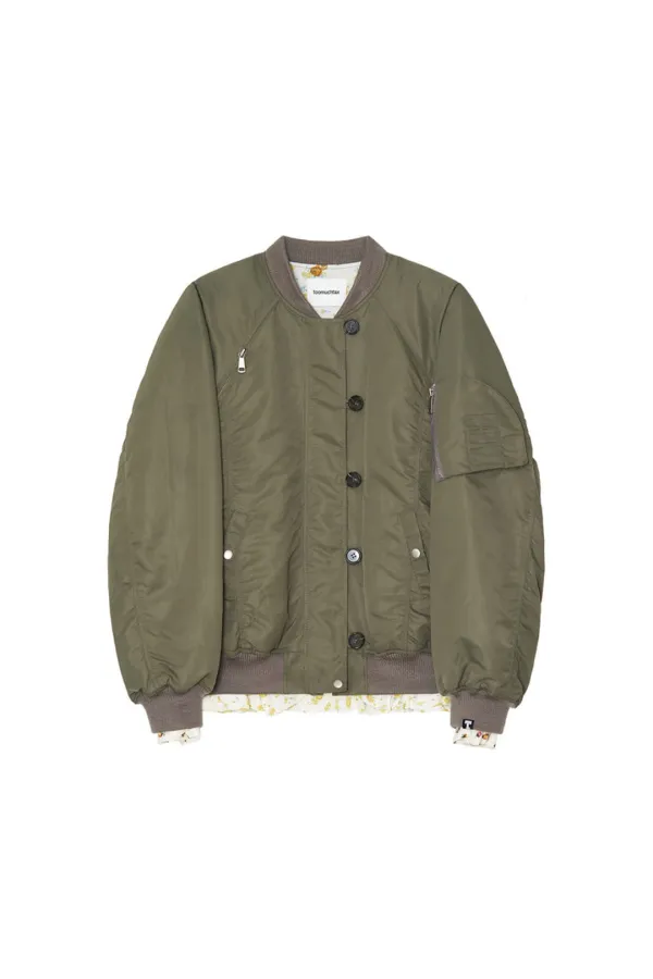 FLORAL TRIMMING BOMBER JACKET (KHAKI)