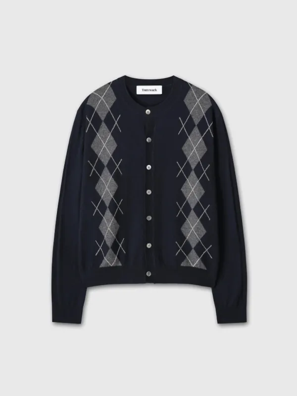 (W) MERINO WOOL ARGYLE CARDIGAN_ NAVY/GREY