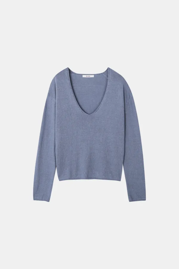 Vent Deep V Neck Knit in Fade Blue